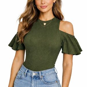 Autumn Cashmere army green cold shoulder top